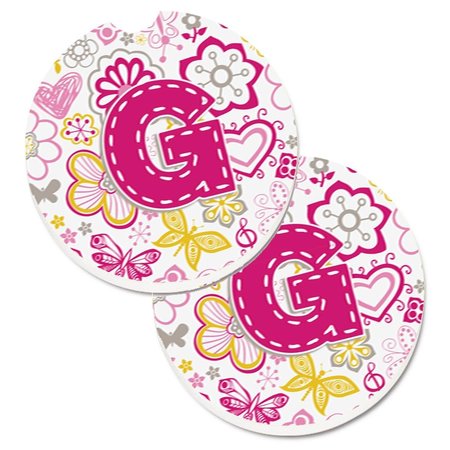 CAROLINES TREASURES Letter G Flowers and Butterflies Pink Set of 2 Cup Holder Car Coaster CJ2005-GCARC